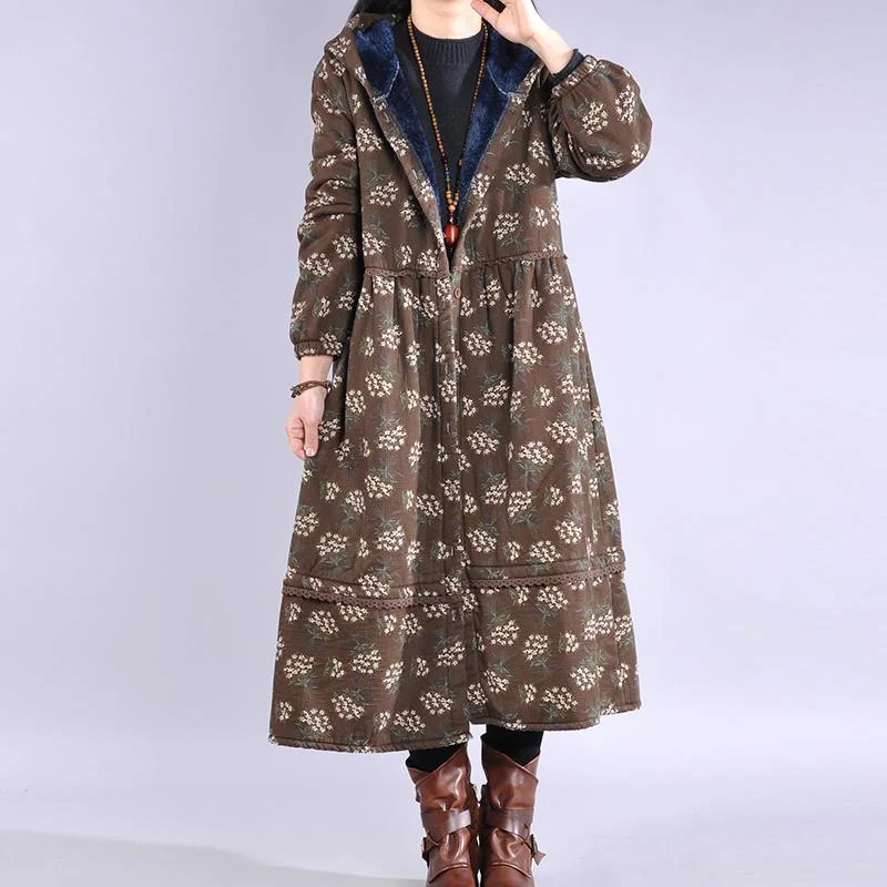 Elegant chocolate print coat trendy plus size warm hooded Button winter coats