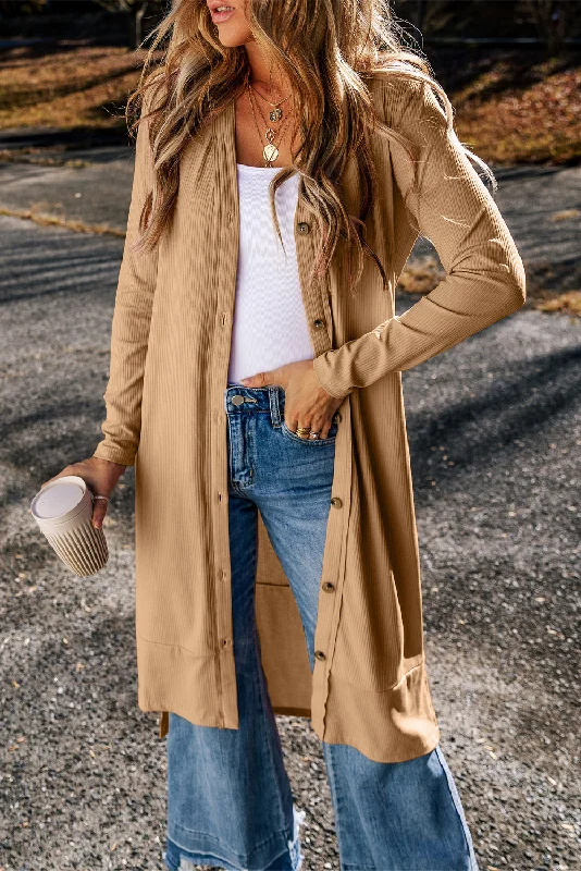 Ribbed Button-Up Split Duster Cardigan