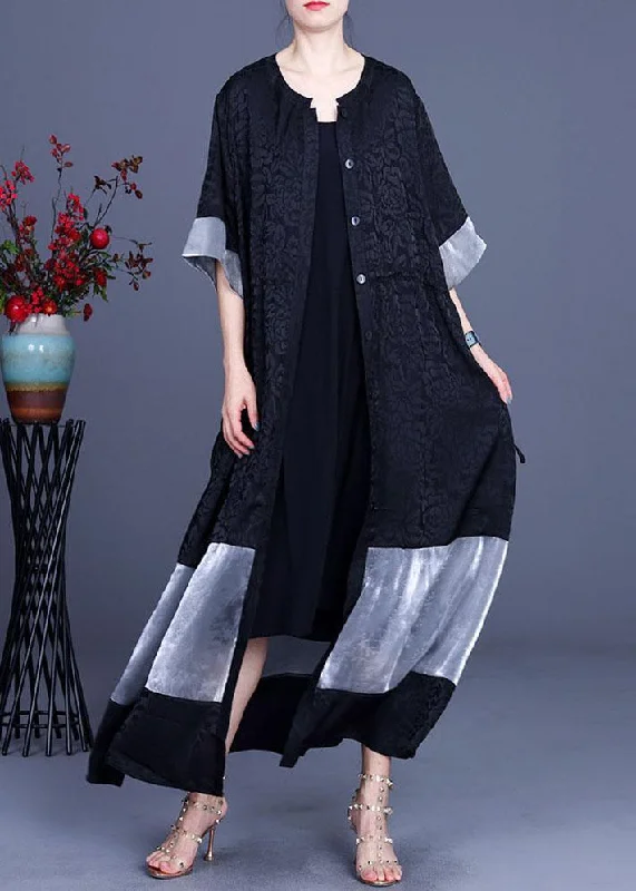 Plus Size Black Jacquard Patchwork Silk Cardigans Long