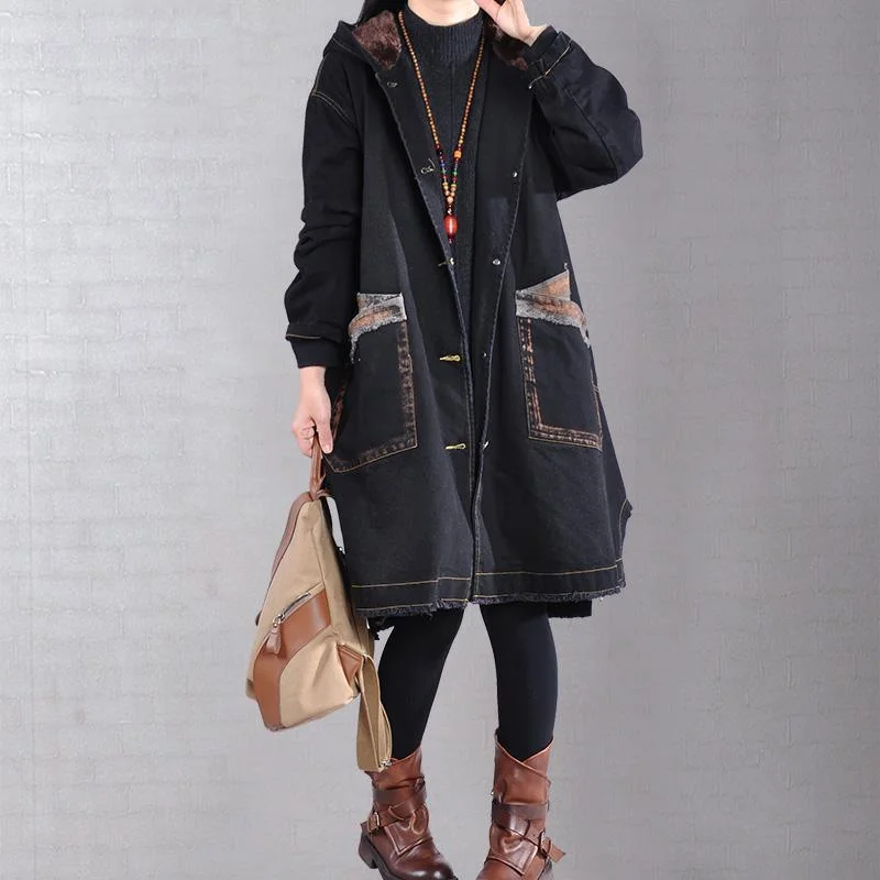 top quality black casual outfit Loose fitting warm winter coat hooded alphabet prints overcoat